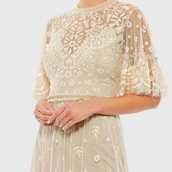 NWT Mac Duggal Beige Embellished Illusion High Neck Mini Dress - Picture 2 of 3